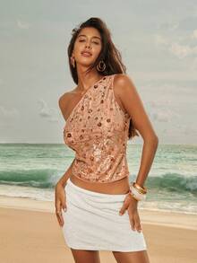 Modelyn Women's Elegant Sexy Floral Peach Embroidered Sequin Top, Summer Holiday Vacation One Shoulder Crop Top, Y2K Beach Vacation Party Resort - Brown - View 2