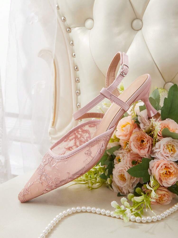 CUCCOO HITCHD Women Shoes Women's French Naked Pink Lace Pointed Slingback Shoes Kitten Heel Low Vamp With Attendance Wear High Heel Shoes