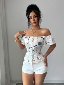 SHEIN Elenzya 露肩收腰印花休闲衬衫 - 彩色 - 查看 5