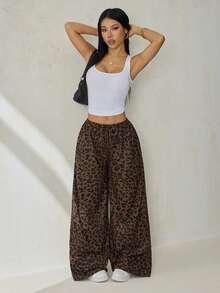 SHEIN PETITE Quần ống rộng nữ kiểu dáng thường ngày họa tiết da báo, cạp chun, có dây rút - màu nâu - Xem 6