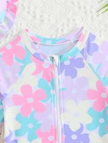 Souflis Souflis Baby Girl Floral Print Soft & Smooth Fabric Long Sleeve Zipper Front Contrast Color Raglan Sleeve Side Bow Romper Swimsuit With Sun Hat, 2pcs Set - Multicolor - View 3