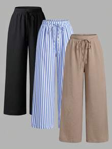 SHEIN Essnce Quần ống rộng thoải mái, dáng suông, đa năng, cạp chun co giãn, thời trang thu/đông dành cho nữ, nhiều màu sắc, bộ 3 chiếc, quần nữ, mùa thu, quần đen trắng và quần kẻ sọc. - Nhiều màu - Xem 1