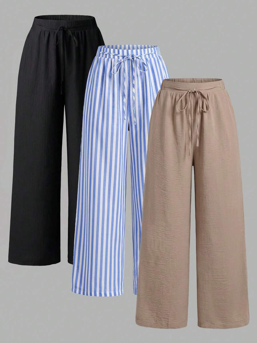 SHEIN Essnce Quần ống rộng thoải mái, dáng suông, đa năng, cạp chun co giãn, thời trang thu/đông dành cho nữ, nhiều màu sắc, bộ 3 chiếc, quần nữ, mùa thu, quần đen trắng và quần kẻ sọc. - Nhiều màu - Xem 1