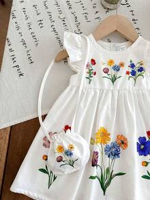 SHEIN LMoss Kids Cute Floral Print Casual Dress For Baby Girls With Flutter Sleeves; Buy The Dress And Get A Free Bag. - White - View 4