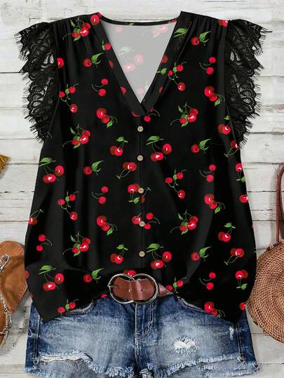 EMERY ROSE Blusa negra de manga corta con cuello en V, dobladillo con volantes y ribete de encaje, de estilo minimalista y romántico, talla grande, adecuada para el verano y las vacaciones