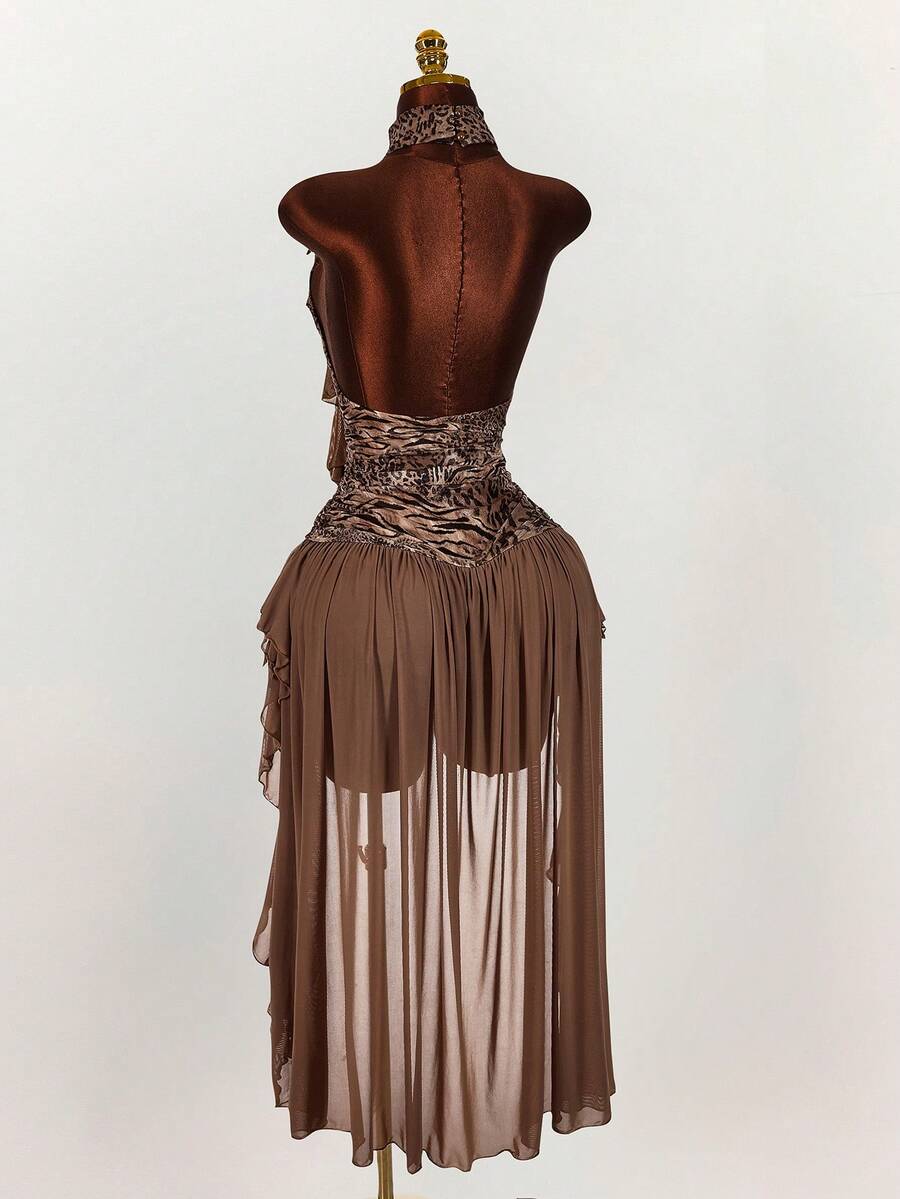 Amplova Women's Leopard Print Ruffle Hem Sexy Halter Midi Dress - Brown - View 1