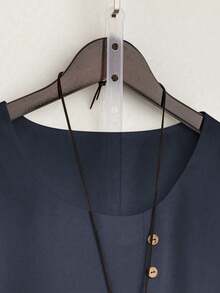 EMERY ROSE Women's Solid Color Round Neck Short Sleeve Button Design Casual Shirt - Navy Blue - View 3