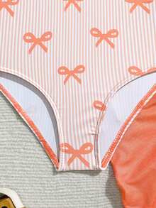 Young Girl One Piece Swimsuit Summer Beach Holiday Bow Print Ruffle Strap Bathing Suit With Mesh Wrap Skirt,High Elastic Breathable Kids Swimwear - Orange - View 5