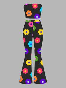 Slaydiva Bộ đồ nữ gồm áo quây và quần ống loe in hoa, kiểu dáng tối giản, thích hợp cho mùa hè. - Nhiều màu - Xem 2