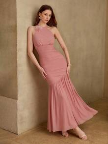MOTF Soiréza SOLID STEREO FLOWER RUCHED SLIM FIT MERMAID HEM HALTER NECK BACKLESS COCKTAIL DRESS - Pink - View 6