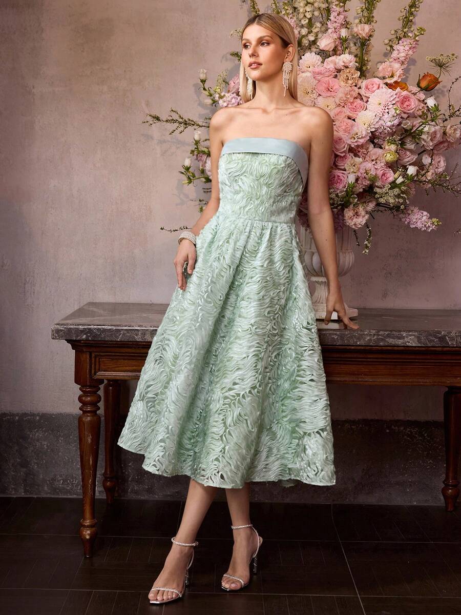 MOTF Soiréza ELEGANT MINT GREEN STRAPLESS SLEEVELESS MIDI PARTY DRESS – SATIN-PANELED 3D WAVE JACQUARD WITH WAIST-CINCHING BODICE, FORM-FITTING SILHOUETTE & A-LINE PROM DRESS | IDEAL FOR FORMAL PARTIES, WEDDING,GALAS, NEW YEAR'S EVE & FORMAL EVENTS - Green - View 1