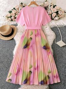 SHEIN LUNE SHEINLUNE 大码女式彩虹褶皱V领灯笼袖系腰连衣裙 毕业礼服 婚礼宾客礼服 女士度假装 女士沙滩装 节日连衣裙 生日礼服 女士骄傲日礼服 - 粉色 - 查看 3