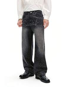DSELFIQUE Quần jean ống rộng màu đen đính đá thời trang đường phố dành cho nam - màu đen - Xem 1