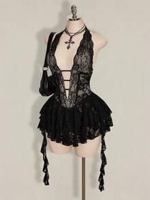 SHEIN ICON 女士深V领黑色蕾丝Y2K飘逸系带迷你连衣裙，A字廓形，性感迷人，适合派对、音乐节和夏季穿着。 - 黑色 - 查看 4