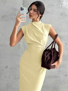 Firerie Đầm nữ màu trơn, cổ xếp ly, eo thon, thanh lịch, thích hợp dự tiệc. - Vàng nhạt - Xem 6