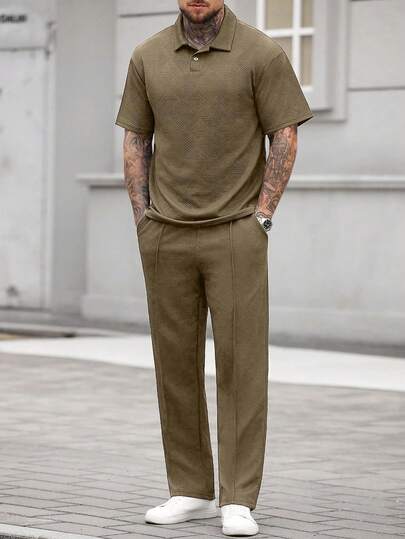 Manfinity CasualCool Men's Solid Color Short Sleeve Polo Shirt And Pants Casual Outfit