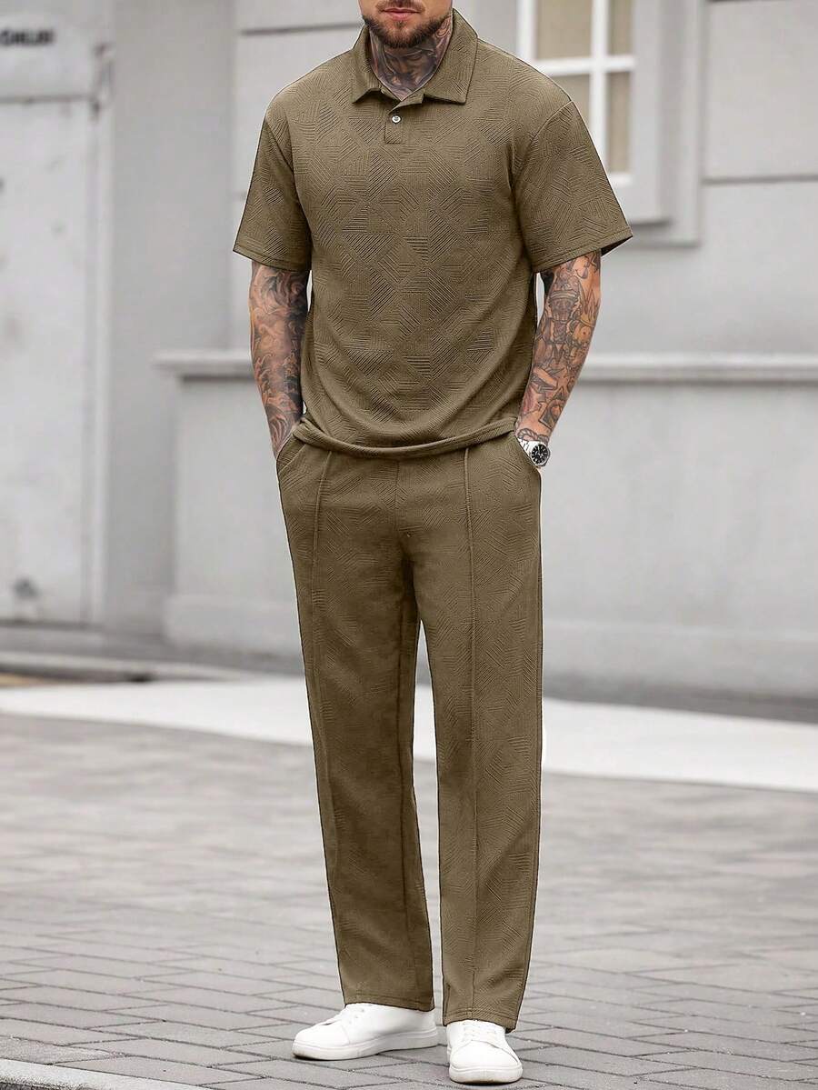 Manfinity CasualCool Bộ đồ nam thường ngày gồm áo polo tay ngắn màu trơn và quần dài. - Màu Khaki - Xem 1