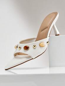 SHUZIA 女士优雅宝石铆钉尖头高跟凉鞋 - 白色 - 查看 3