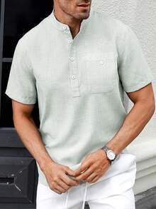 Manfinity CasualCool Men Dual-Color Chiffon Casual Stand Collar Short Sleeve Shirt, Formal - Gray green - View 4