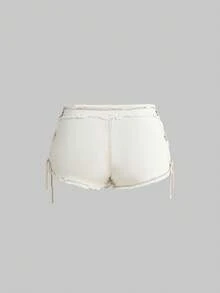 ROMWE Hippie Music Festival Sexy Frayed Hollow Out Lace-Up Super Low Waist Mini Denim Shorts For Women - White - View 2