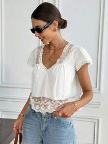 Serisse Women's Contrast Lace Short Sleeve Loose Blouse,Summer Top - White - View 4