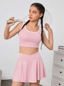 SHEIN Teen Girl Solid Color Knit Shorts With Anti-Flashing Pocket, V-Waist Casual Sports Skirt - Pink - View 4
