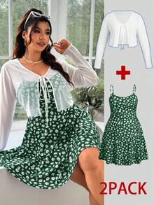 Solflare Plus Size Women's Solid Color Tie Front Cardigan And Allover Print Cami Dress Casual Summer 2-Piece Set - Dark Green - View 3