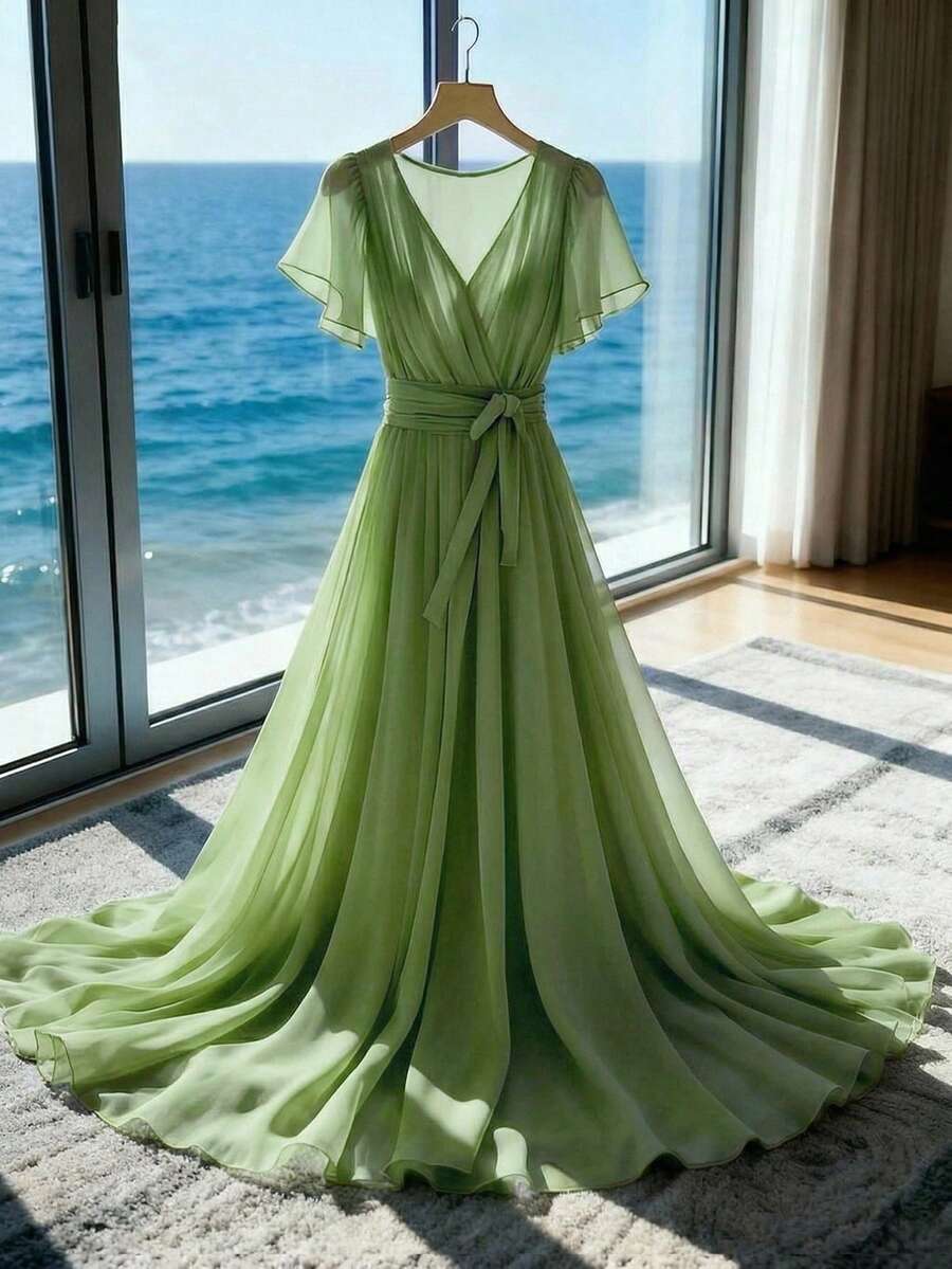 GlowEve New Arrival Spring/Summer Elegant Flowing Chiffon Dress For Women - Green - View 1