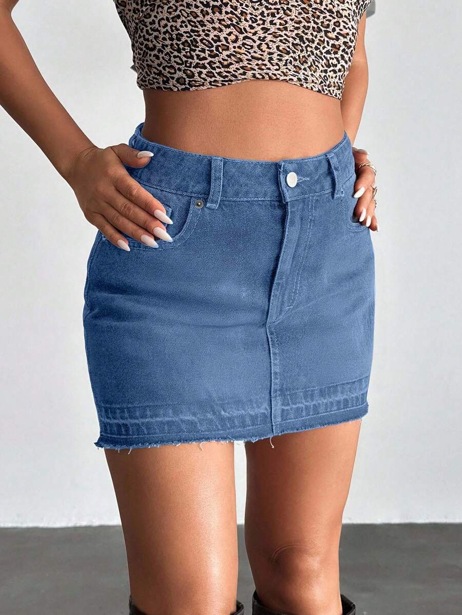 EURMUSE Low Waist Slant Pocket Y2K Mini Denim Skirt - Blue - View 1