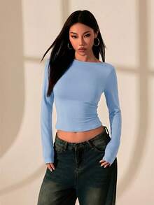 SHEIN PETITE Top T-shirt dos nu avec couture en dentelle pour femmes. Tenue sexy pour rendez-vous, convient pour l'été. ,Femmes de petite taille - Bleu gris - Voir 3