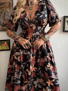 Whyspr Fashionable Square Neck Butterfly Print Sexy Short Sleeve Waist Cinching Printed Dress - Black - View 4