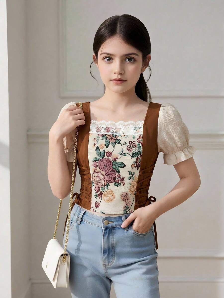 SHEIN Áo kiểu dáng thanh lịch, cổ buộc nơ, tay phồng, màu kaki ôm sát, thích hợp cho bé gái tuổi teen, phong cách retro, đi nghỉ mát, dự lễ hội âm nhạc, boho, hoặc tiệc trà chiều ngày lễ. - Màu Khaki - Xem 1