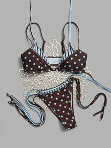 Bộ bikini nữ kẻ sọc xanh và chấm bi cà phê, thích hợp cho bãi biển, kỳ nghỉ, đảo, lễ hội âm nhạc. - Nhiều màu - Xem 7
