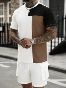 Manfinity Homme Men's Contrast Color Round Neck Short Sleeve T-Shirt And Shorts Casual Set - Multicolor - View 4