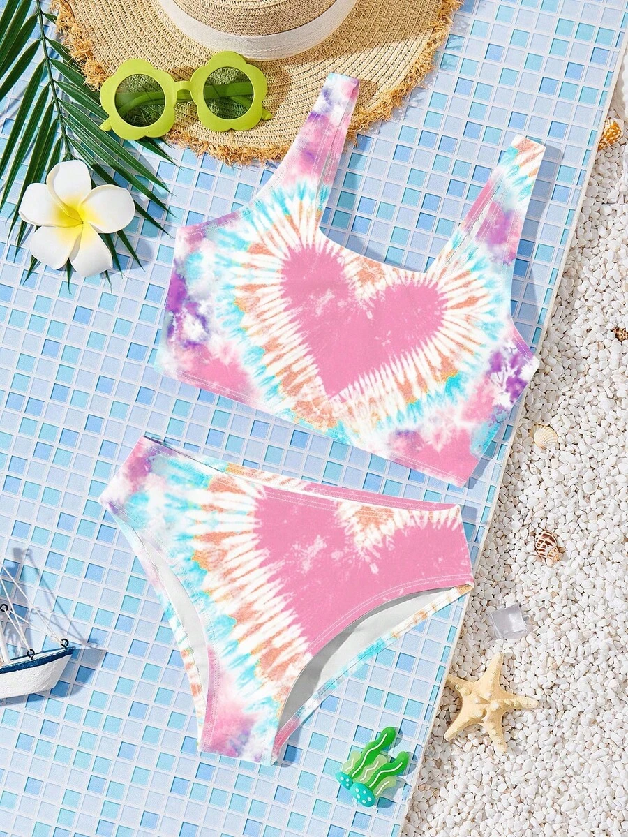 SHEIN Tween Girl Casual Tie-Dye Print Tankini Swimwear Set, Suitable For Summer - Multicolor - View 1