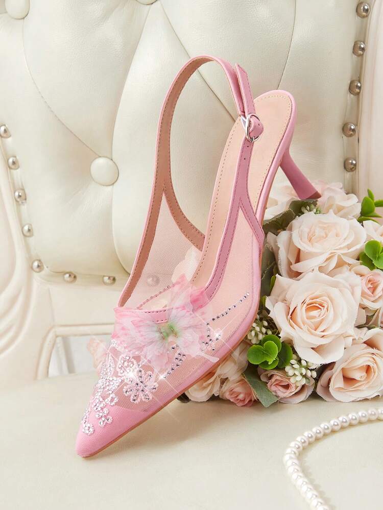 CUCCOO HITCHD Women Shoes Spring And Summer Embroidery Rhinestone Flower Butterfly Design Pointed Toe Thin Heel Back Strap Buckle 7cm Women's High Heel Shoes Solid Color Mesh Banquet Dating Versatile Comfortable Breathable Elegant Fashion