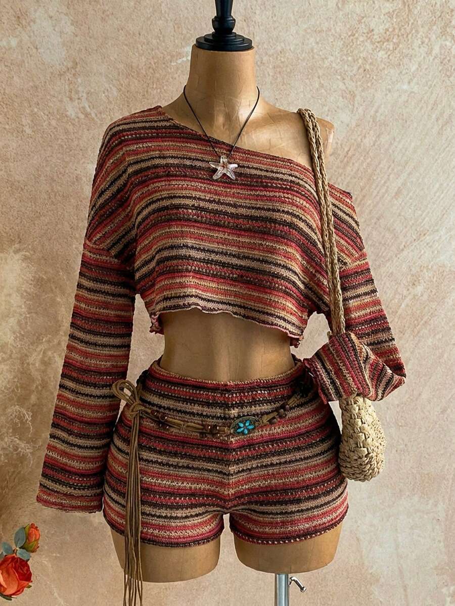 Soleia Bộ đồ nữ phong cách bohemian thường ngày, kiểu dáng nghỉ dưỡng, phối màu tương phản, kẻ sọc, cổ áo bất đối xứng, vai rớt, tay dài, dáng rộng, gồm áo crop top và quần short, thích hợp cho mùa xuân/hè/thu (không bao gồm thắt lưng). - Nhiều màu - Xem 1