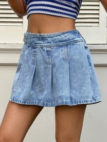 Sunnyshic Váy quần short denim xếp ly thời trang thường ngày cho kỳ nghỉ, chất liệu denim mài. - Rửa nhẹ - Xem 4