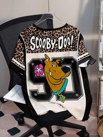 SCOOBY-DOO X SHEIN Plus Size Women Summer Casual Street Daily Commute Funny Leopard Print Loose Fit T-Shirt