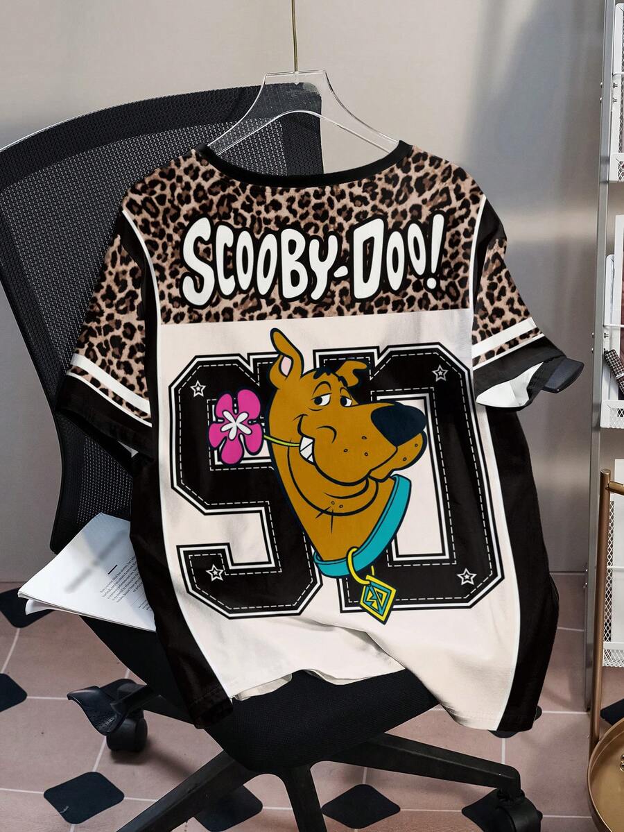 SCOOBY-DOO X SHEIN Plus Size Women Summer Casual Street Daily Commute Funny Leopard Print Loose Fit T-Shirt - White - View 1