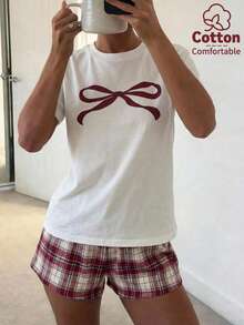 Aloruh 女士蝴蝶结印花圆领短袖T恤和格子短裤休闲两件套 - 白色 - 查看 8