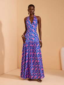 JIAN LASALA Vestido largo de mujer con estampado de hojas en todo el Body, cuello halter, espalda descubierta, sin mangas y ajustado - Multicolor - Ver 3