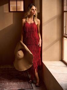 MOTF PREMIUM BEADED DECOR TASSELED SHEER VACATION SWIMSUIT COVER UP MID-LENGTH DRESS - Red - View 4