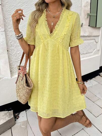 SHEIN LUNE 女士休闲格子V领荷叶边下摆夏季度假通勤日常基本款时尚短袖迷你连衣裙