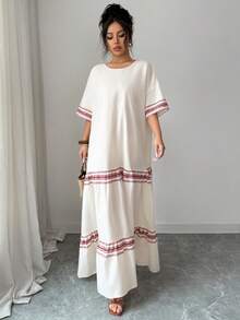 Al Najma Women's Loose Short Sleeve Long Arabic Style Dress - Apricot - View 4