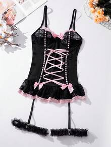 SHEIN Conjunto de lencería con corsé con cordones y ribete de encaje, incluye 1 par de anillos para las piernas - Negro - Ver 3