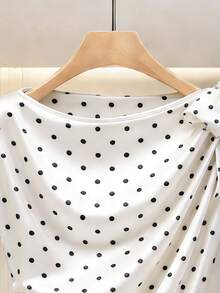 Modelyn Solid Color Satin Pleated Bow Tie Waist Polka Dot Print Casual Shirt - Black and White - View 3