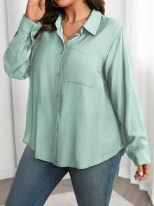 Nuevo 2026 Camisa casual de manga larga de un solo pecho con bolsillo para mujer de talla grande de unicolor - Agua verde azul - Ver 9