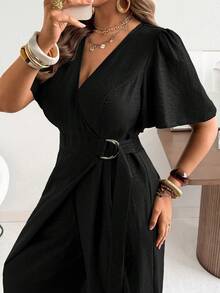 Ceyna Plus Size Woven Cross Collar Black Ruffle Short Sleeve Straight Leg Jumpsuit With Double D-Ring Waist Decor Brunch Summer Elegant Smart Party Night - Black - View 3