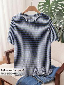 CosyJoli Camiseta de verano casual de cuello redondo y manga corta con estampado de rayas para mujer de talla grande - Azul - Ver 1